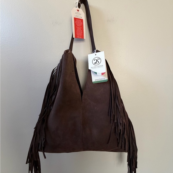 Divina Firenze Genuine Leather Brown Suede Fringe Bag - Picture 7 of 15